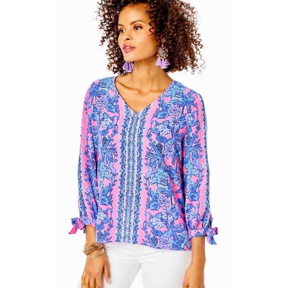 Lilly Pulitzer Pamala 3/4 Sleeve Top Soleil Pink Palm Paradise Tie Sleeve Boho S
